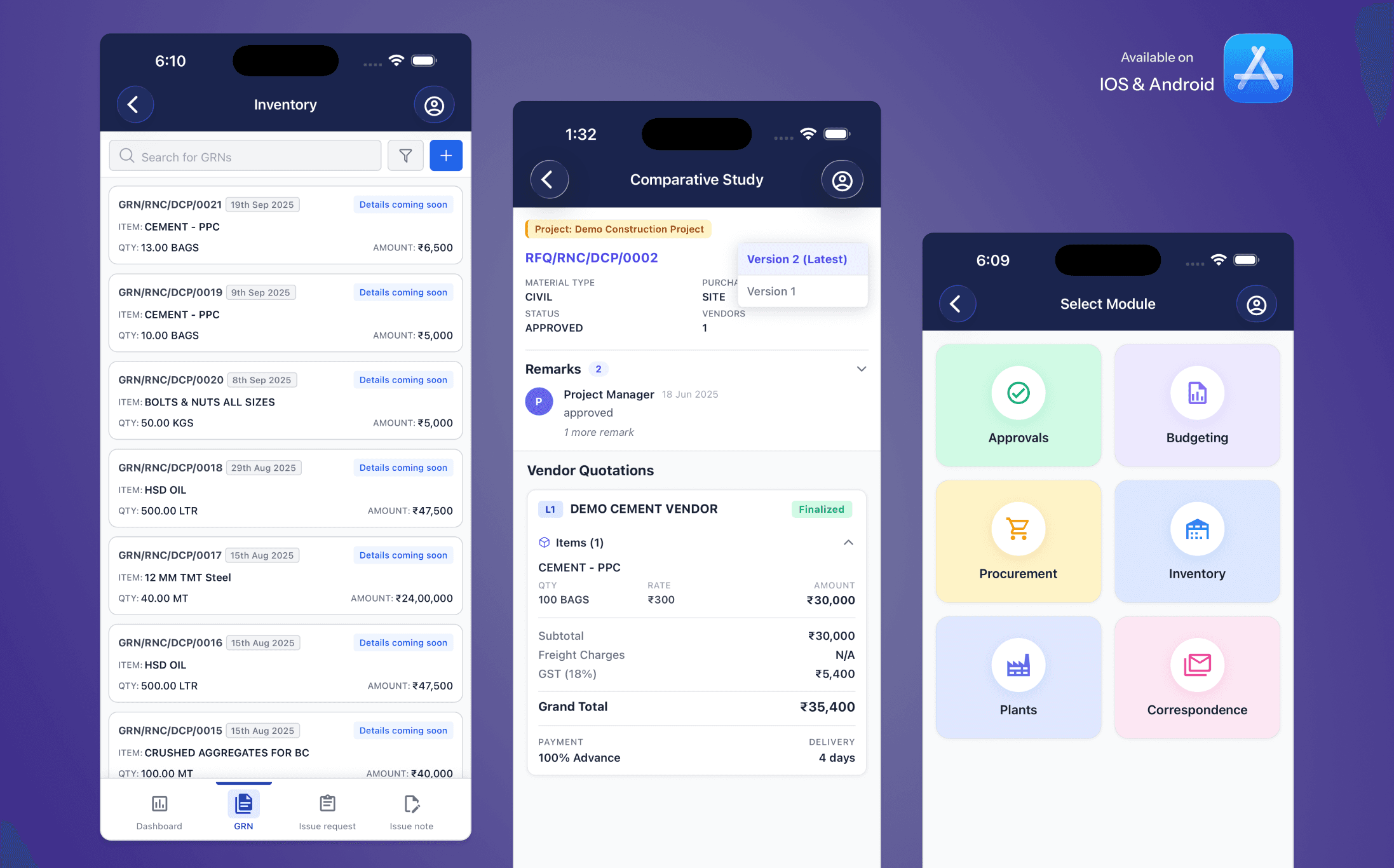 Buildenfra mobile app — dashboard and inventory